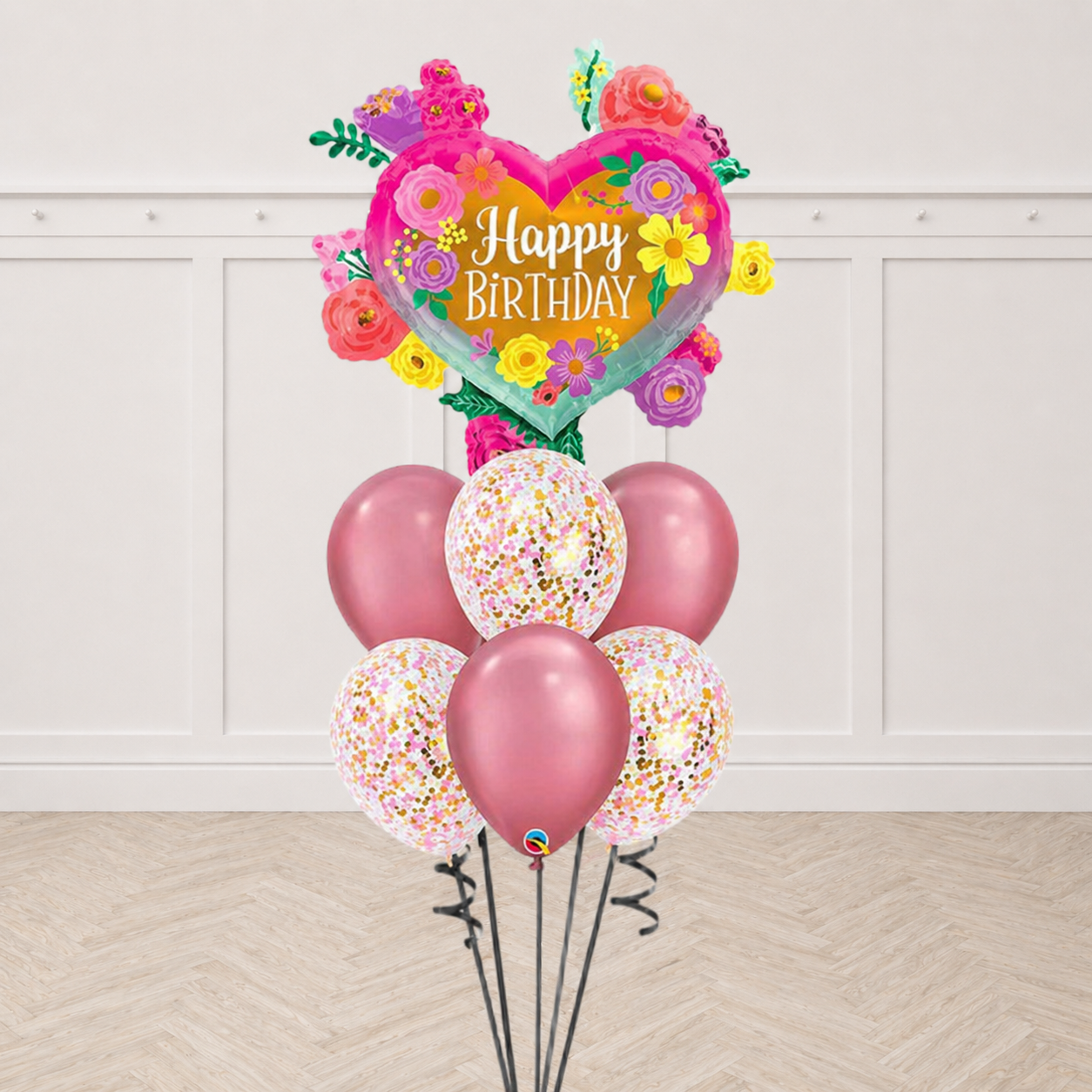 Happy Birthday Painted Flowers Confetti and Chrome Balloon Bouquet