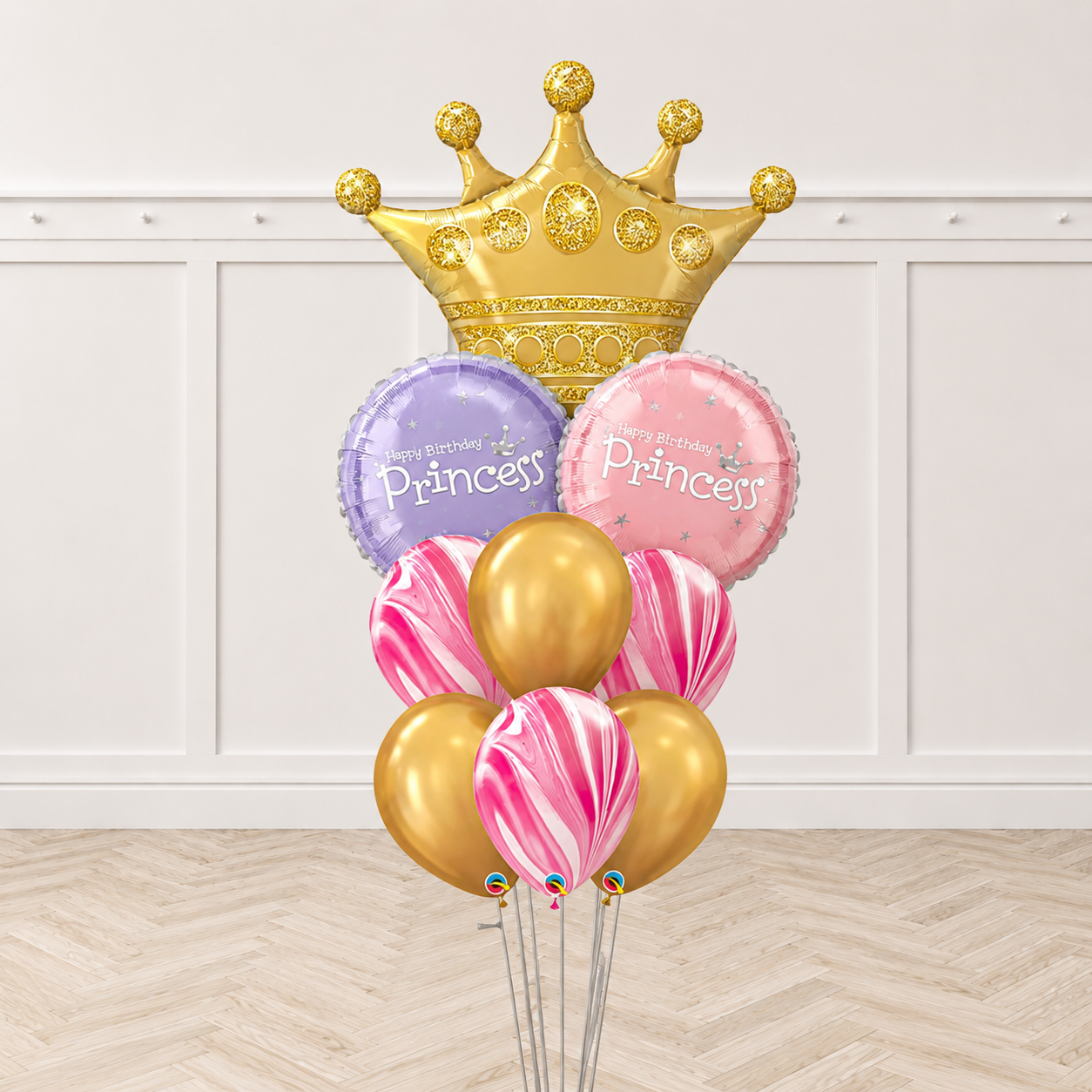 Golden Crown Princess Tiara Birthday Chrome and Agate Balloon Bouquet