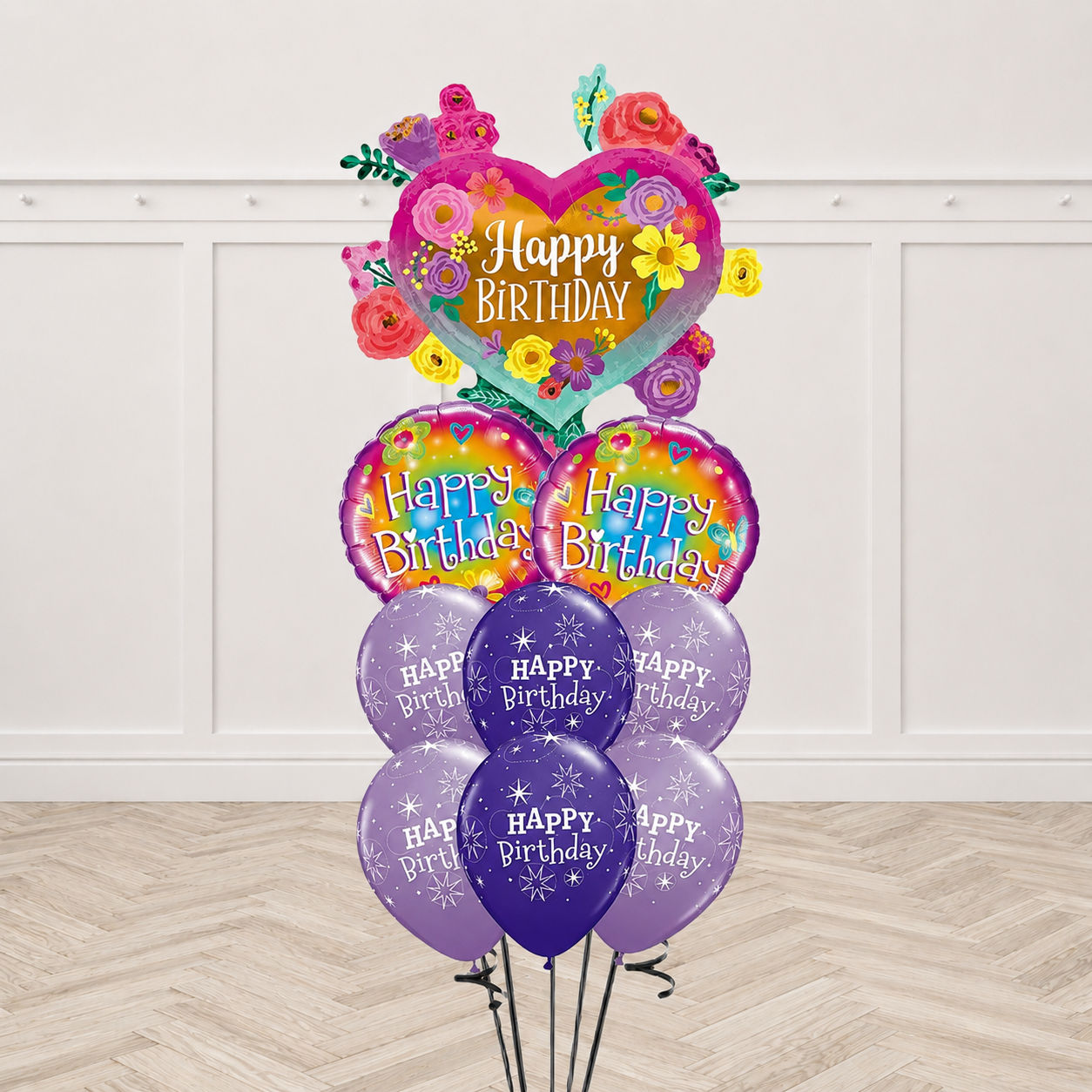 Happy Birthday Painted Flowers Sparkle Balloon Bouquet