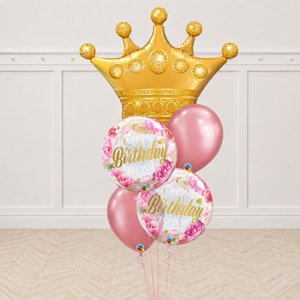 Birthday Pink Peonies Bubble Golden Crown Balloon Bouquet