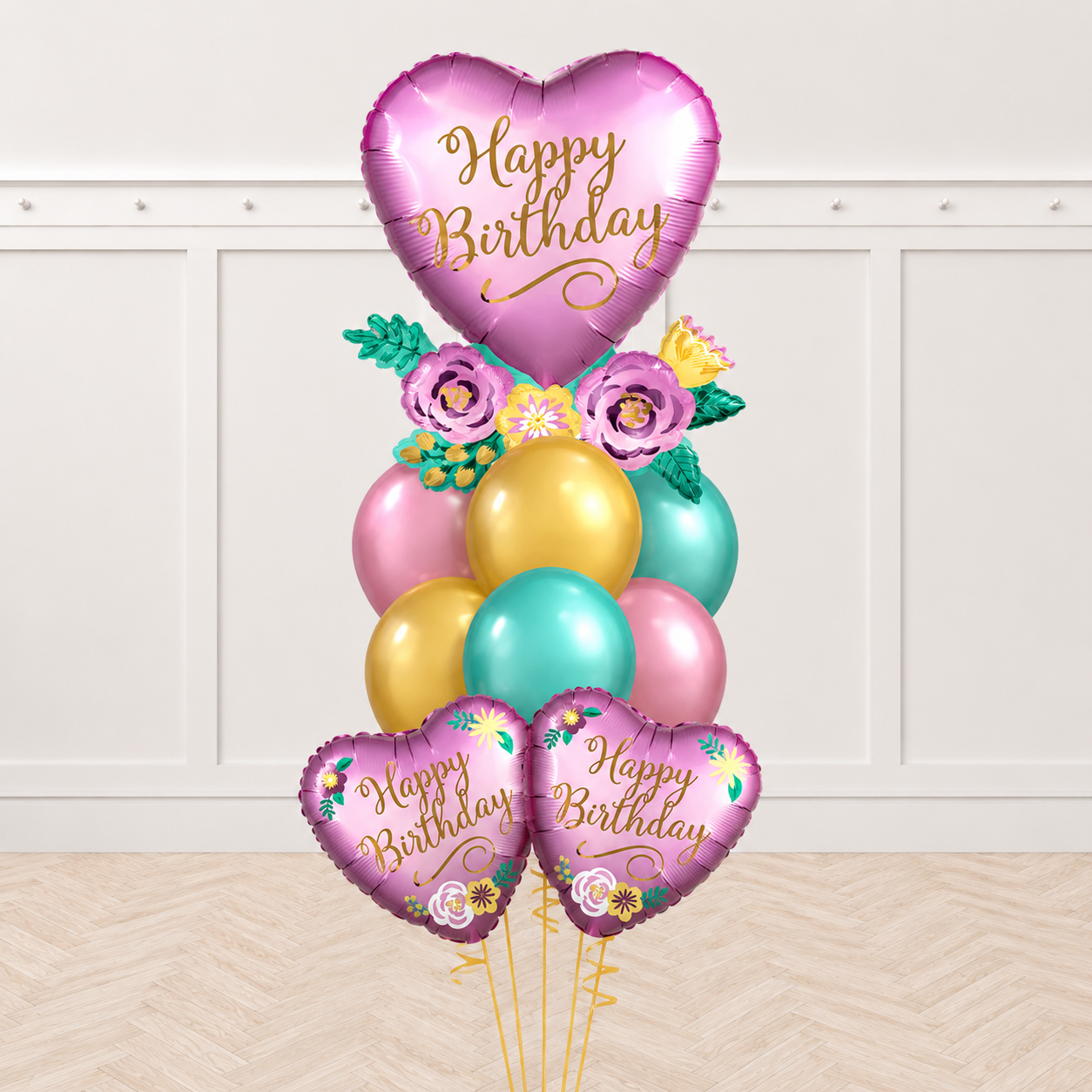 Birthday Satin Hearts & Chrome Balloon Bouquet