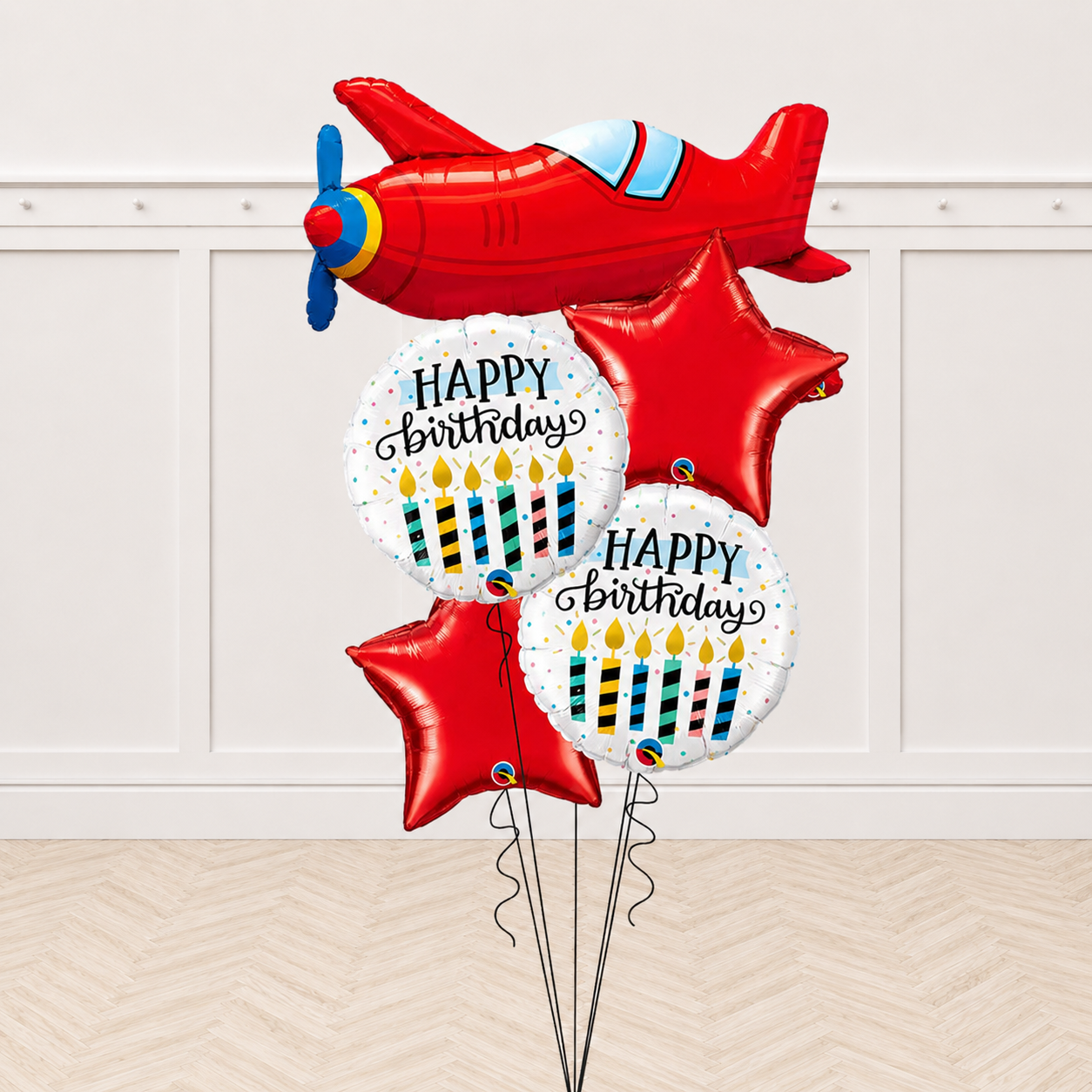 Red Vintage AirPlane Birthday Candle & Dots Balloon Bouquet