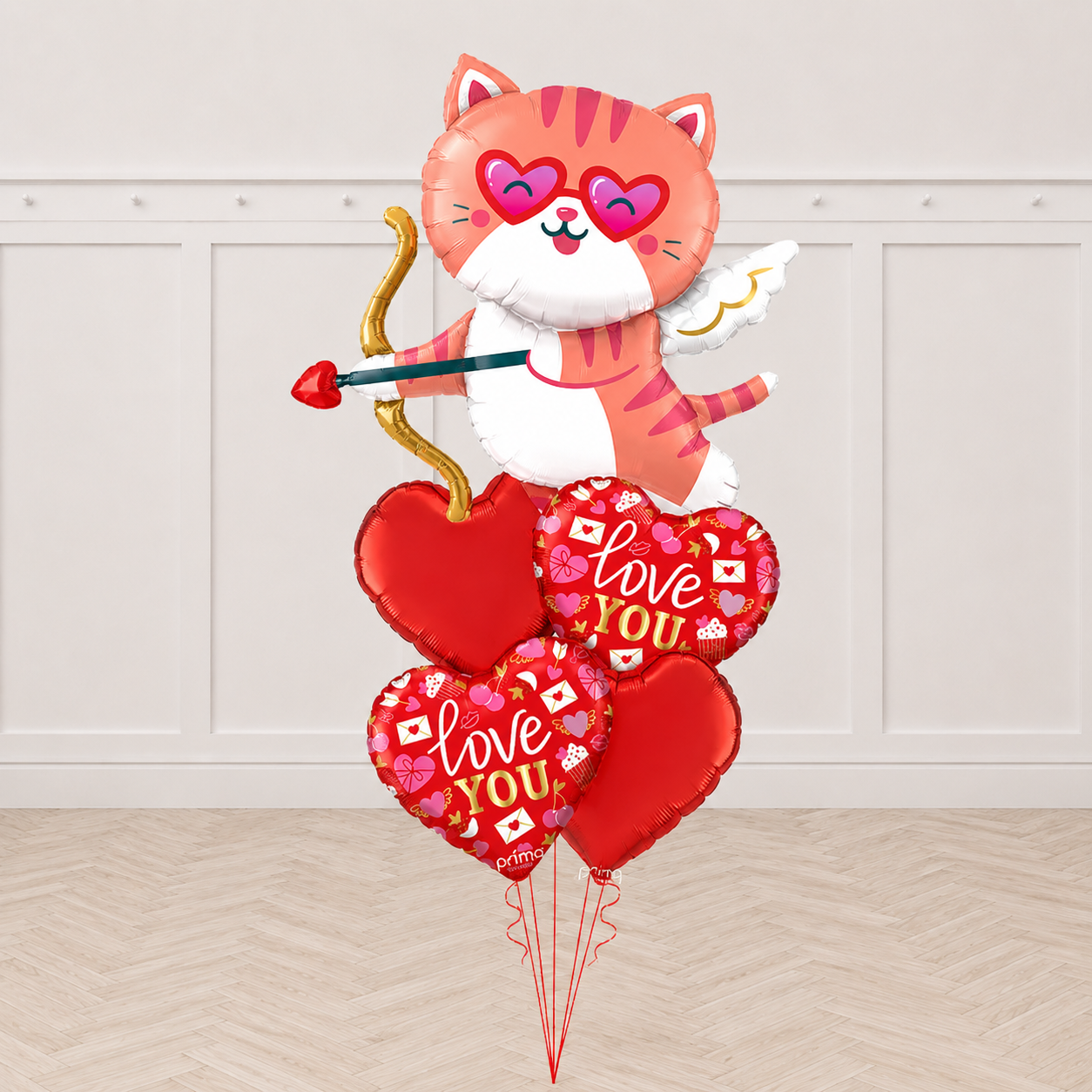 Cute Cat Cupid Shape, Red Heart love you foil balloon bouquet