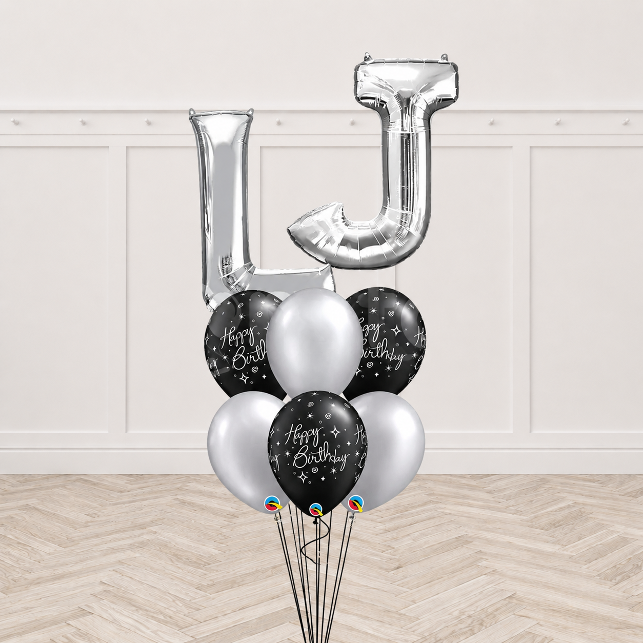 Any Two Letter Black Bday Sparkles Silver Balloon Bouquet With Weight
