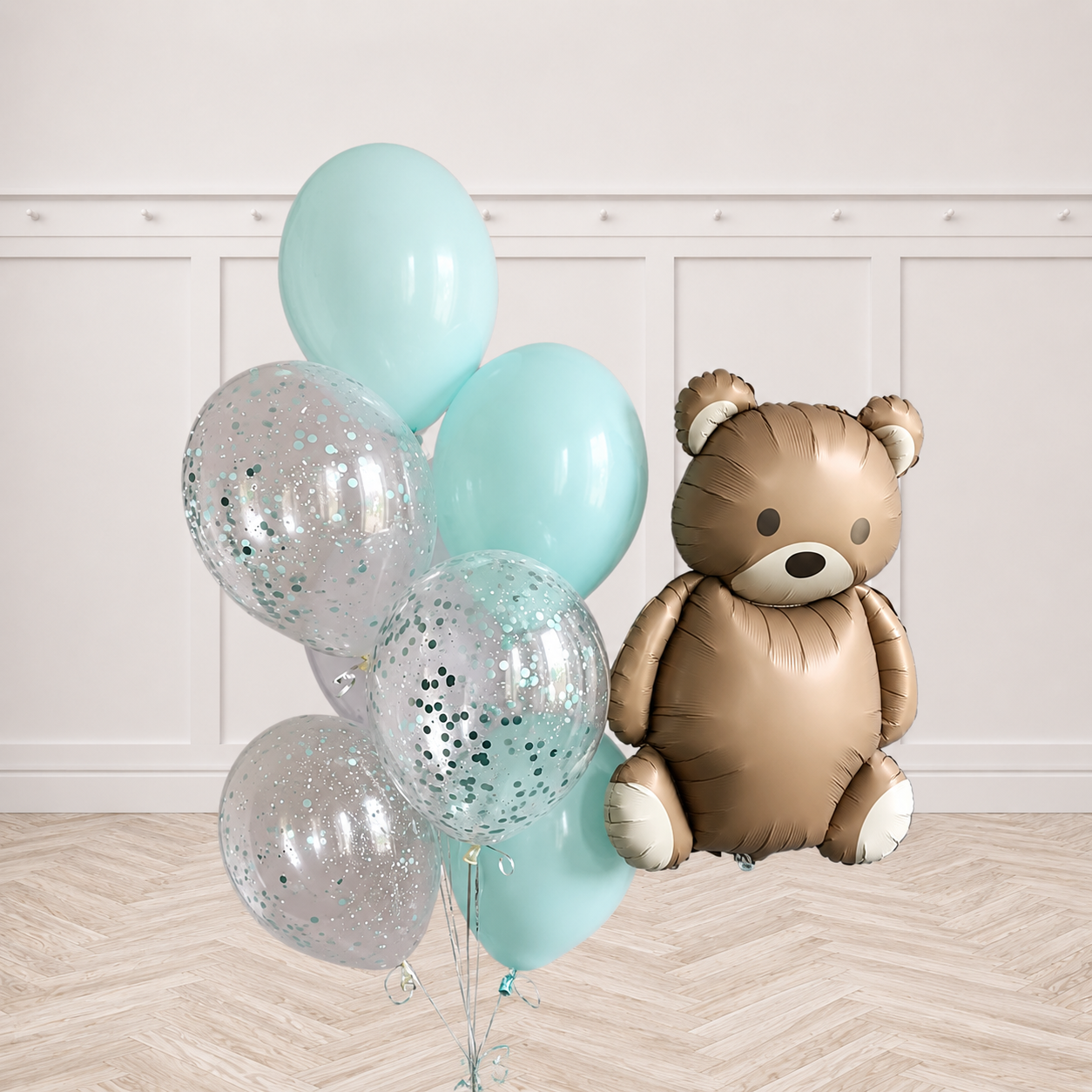 BrownTeddy Confetti and Tiffany Color Latex Balloon Set