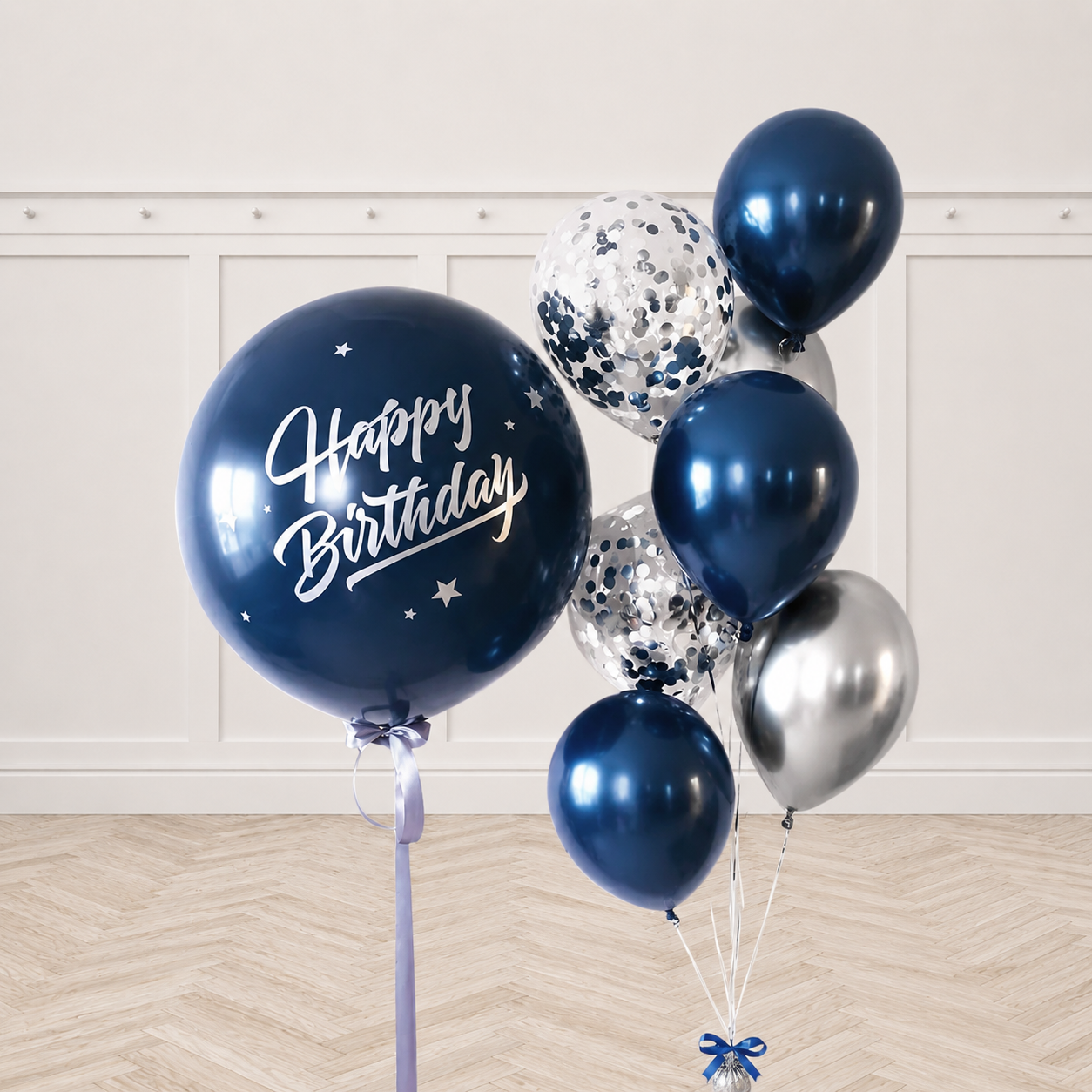 Navy Blue Silver Customized Latex and Confetti Chrome Balloon