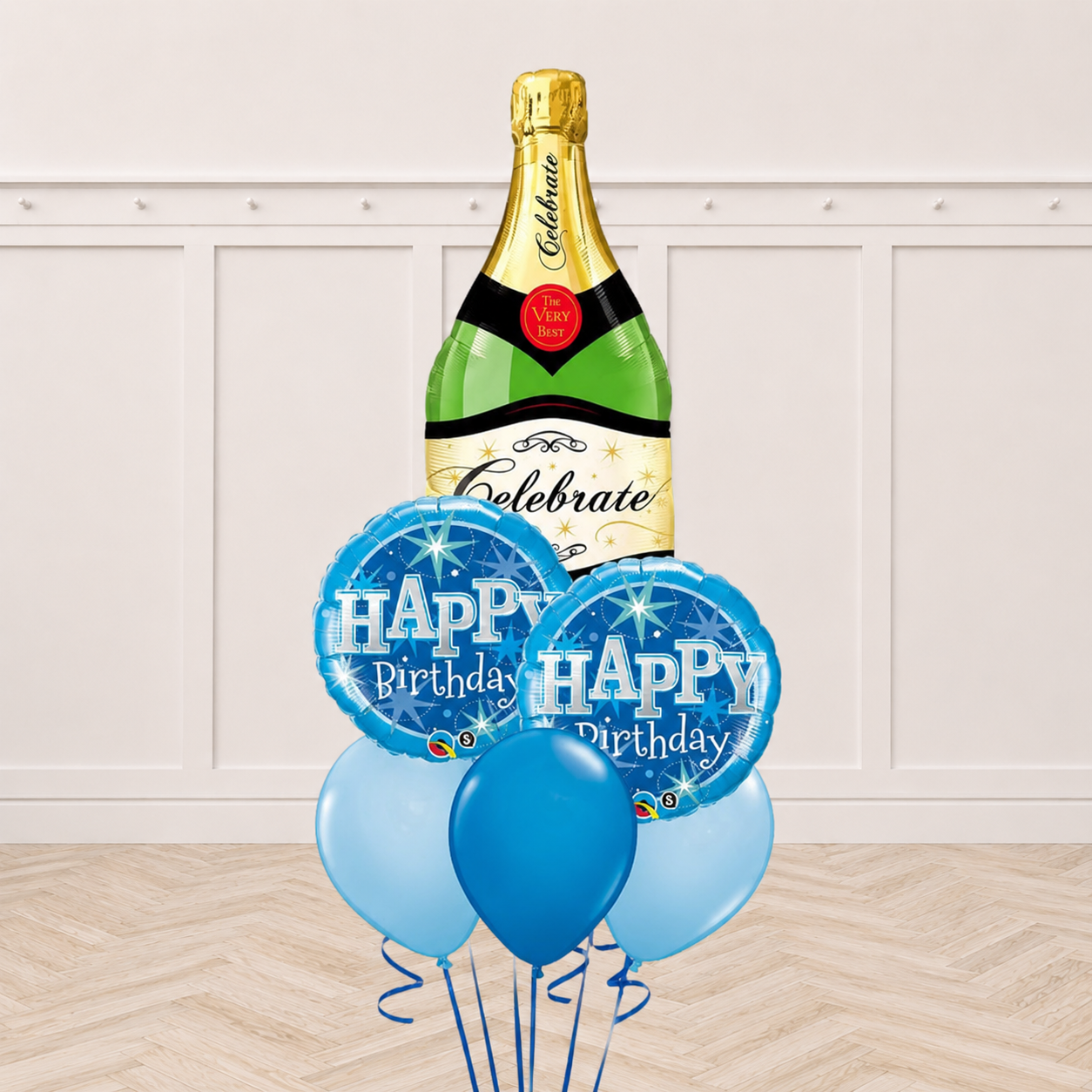 Bubbly Wine Bottle Blue Birthday Cake Balloon Bouquet