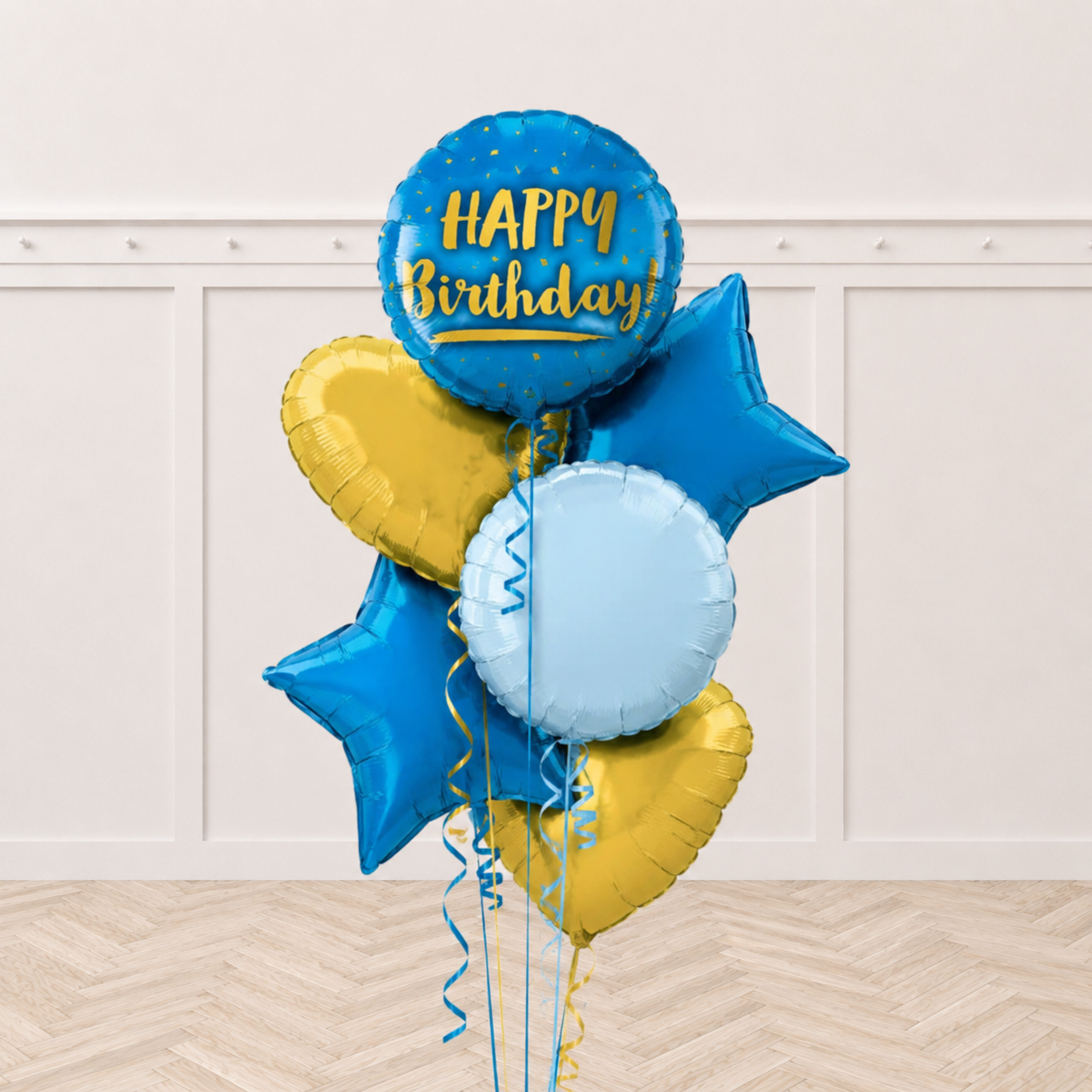 Round Birthday Gold & Blue Foil Balloon Bouquet