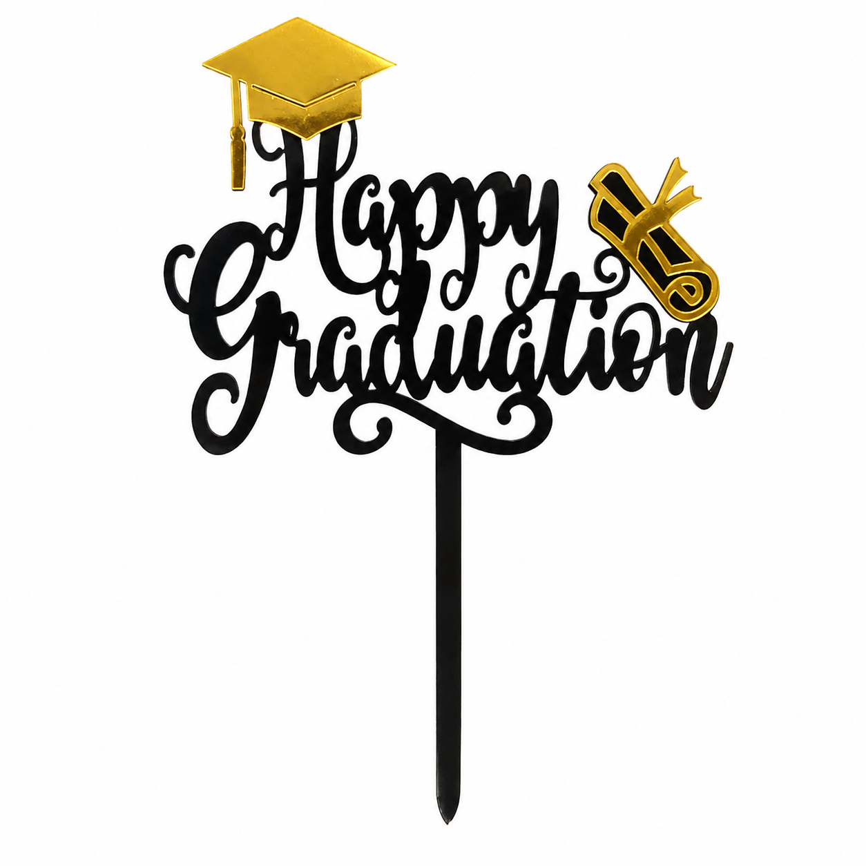 Cursive Happy Graduation Cake Topper Black & Gold