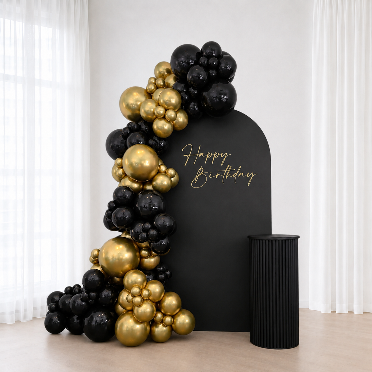 Black &  Chrome Gold Birthday  Balloon  Garland With Backdrop