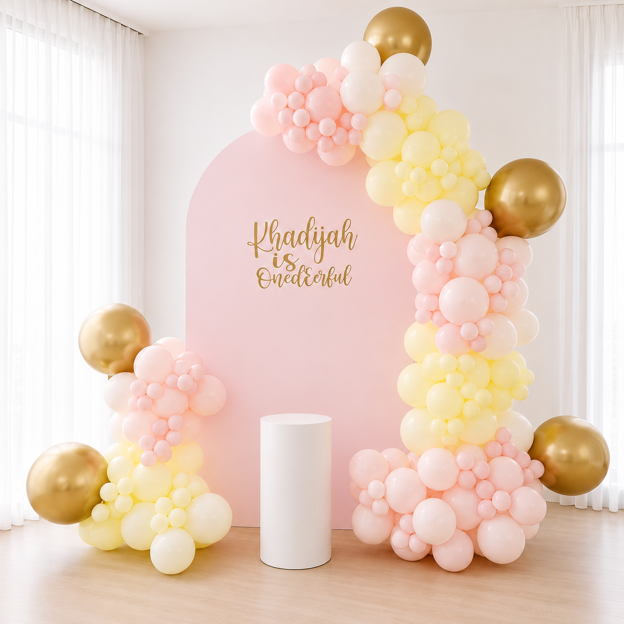 Chrome & Cream Pink Balloon Garland With Backdrop & Cake Stand