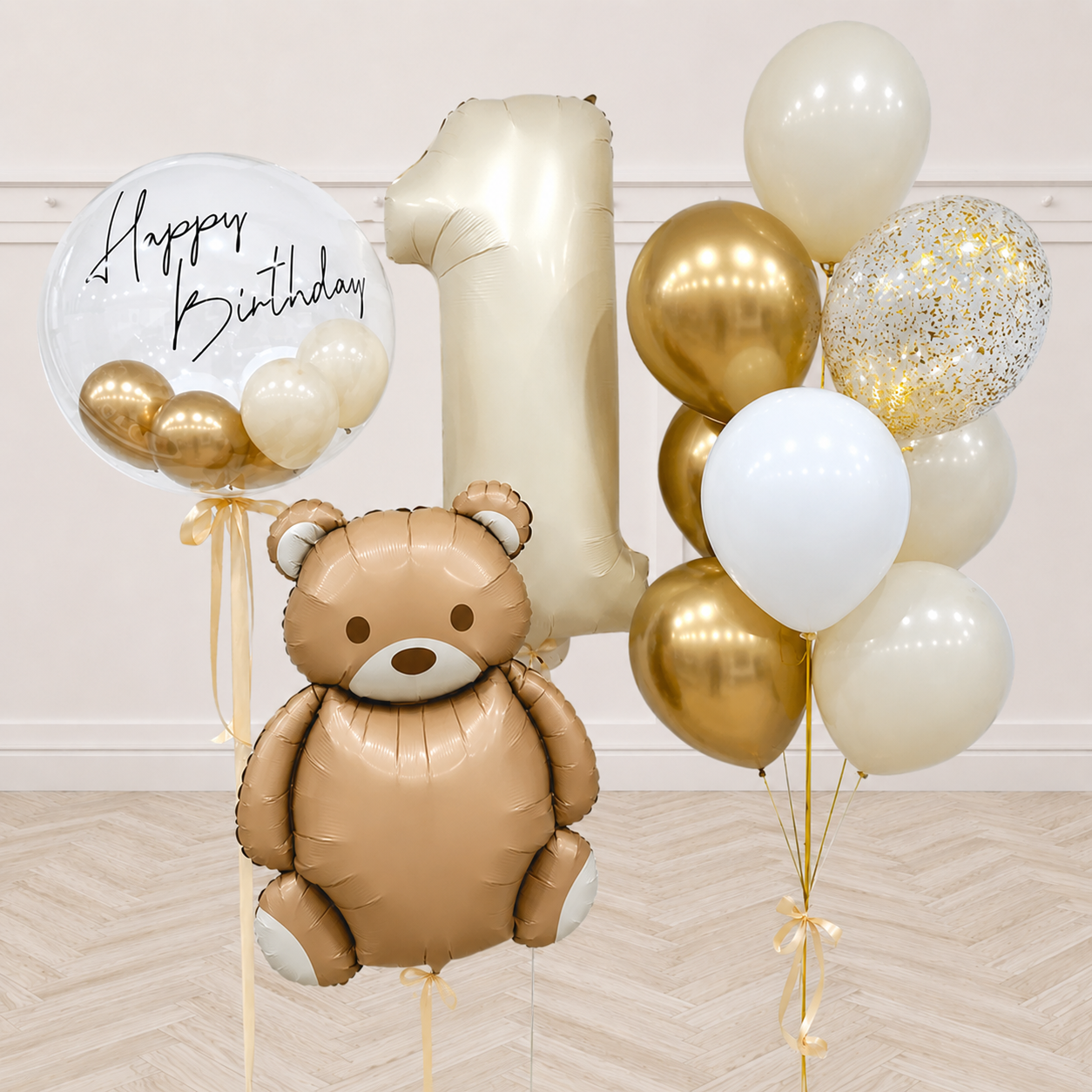 Teddy Single Number & Custom Bubble Aesthetic Balloon Bouquet Set