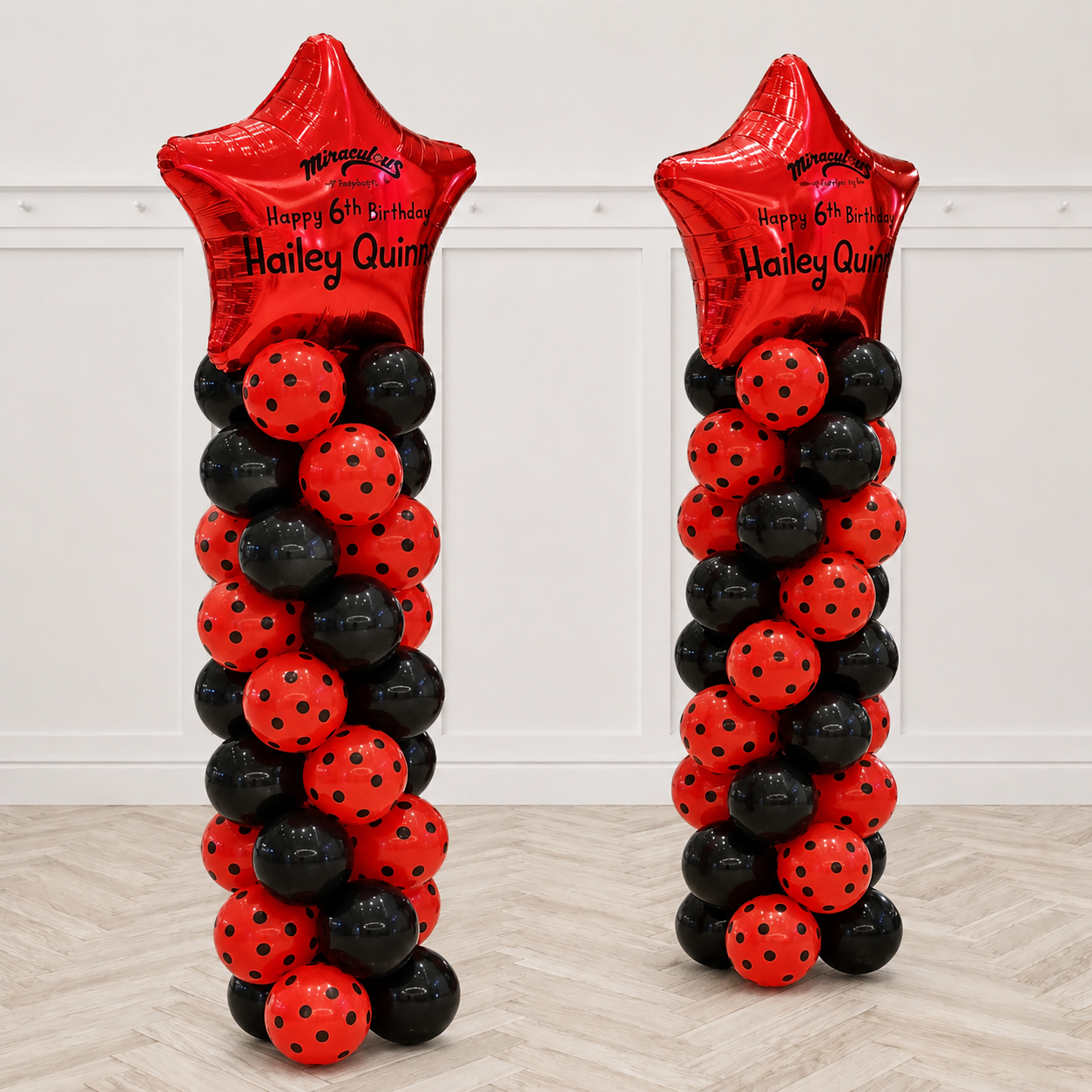 Custom Text / Logo Red Polka & Black Standard Balloon Pillar with 30inches Star Foil  as topper - Pre Order / Logo Subject for Approval if Possible