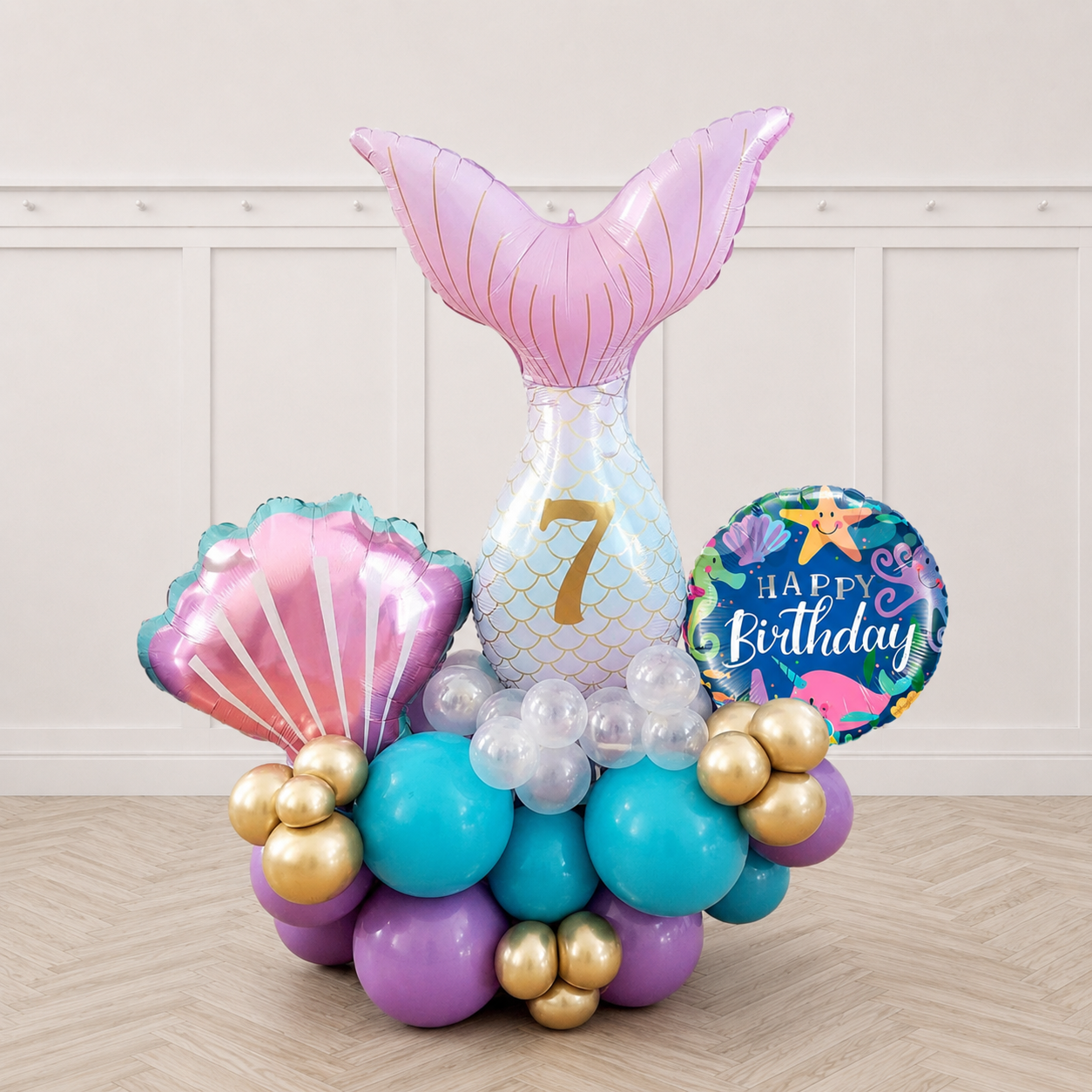 Custom Text (Name and Number only)Enchanted Mermaid  Birthday Balloon Arrangement