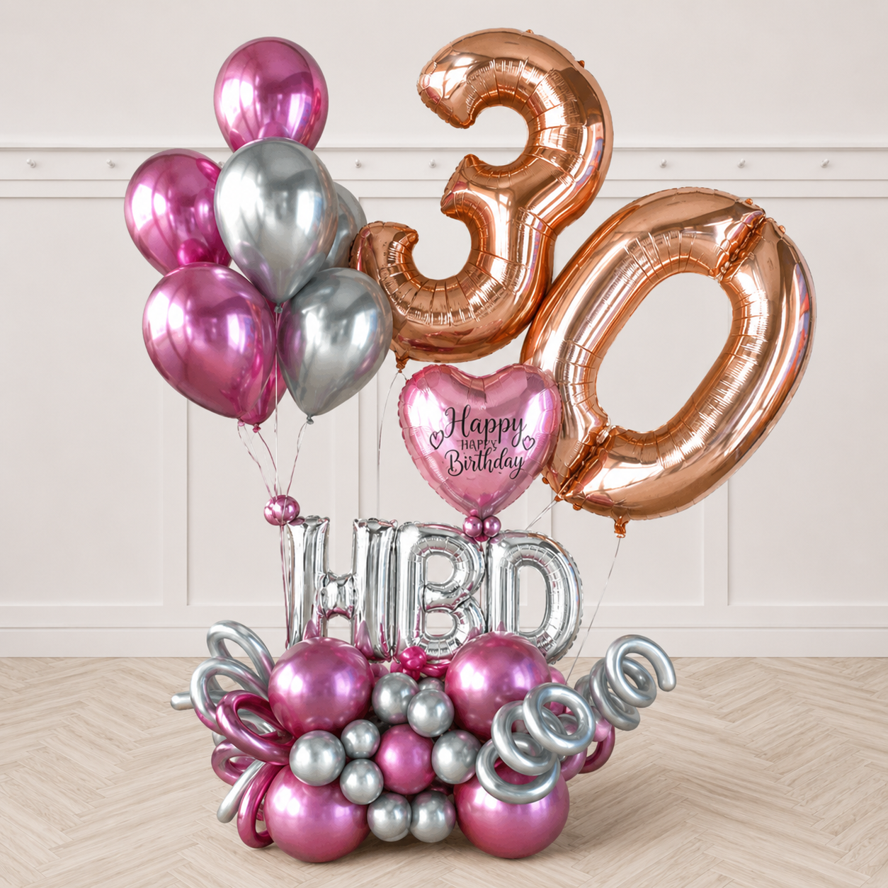 Any Two Number Chrome Mauve Silver Custom Text Classic Birthday Balloon Arrangement PRE-ORDER 1DAY In Advance