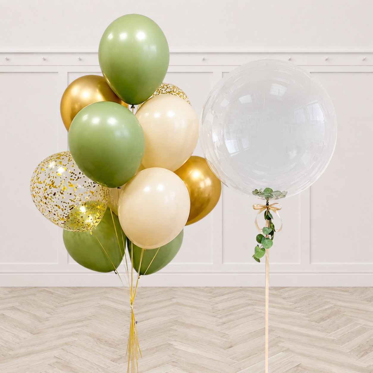 Custom Text Personalized Bubbles & Eucalyptus Confetti Balloon Bouquet Set PRE-ORDER 1DAY In Advance