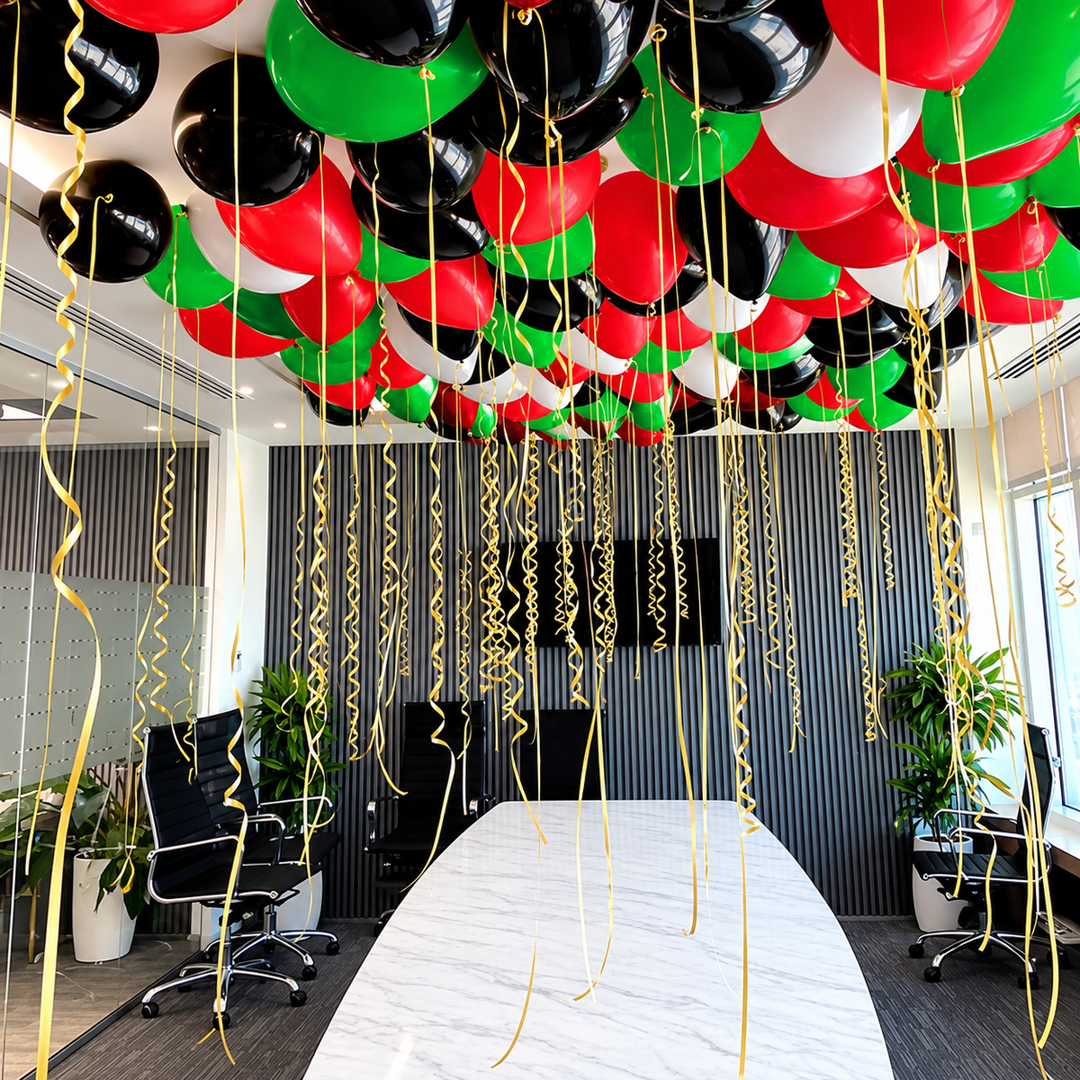 UAE National Day Helium Balloons - Mix of  Red, Dark Green, White and Onyx Black  Latex  With String & Ultra Hi-Float 50/100/200/300/500 Count