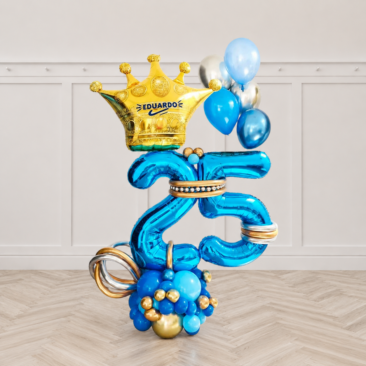 Decorative balloon number '3' with blue and gold colors 