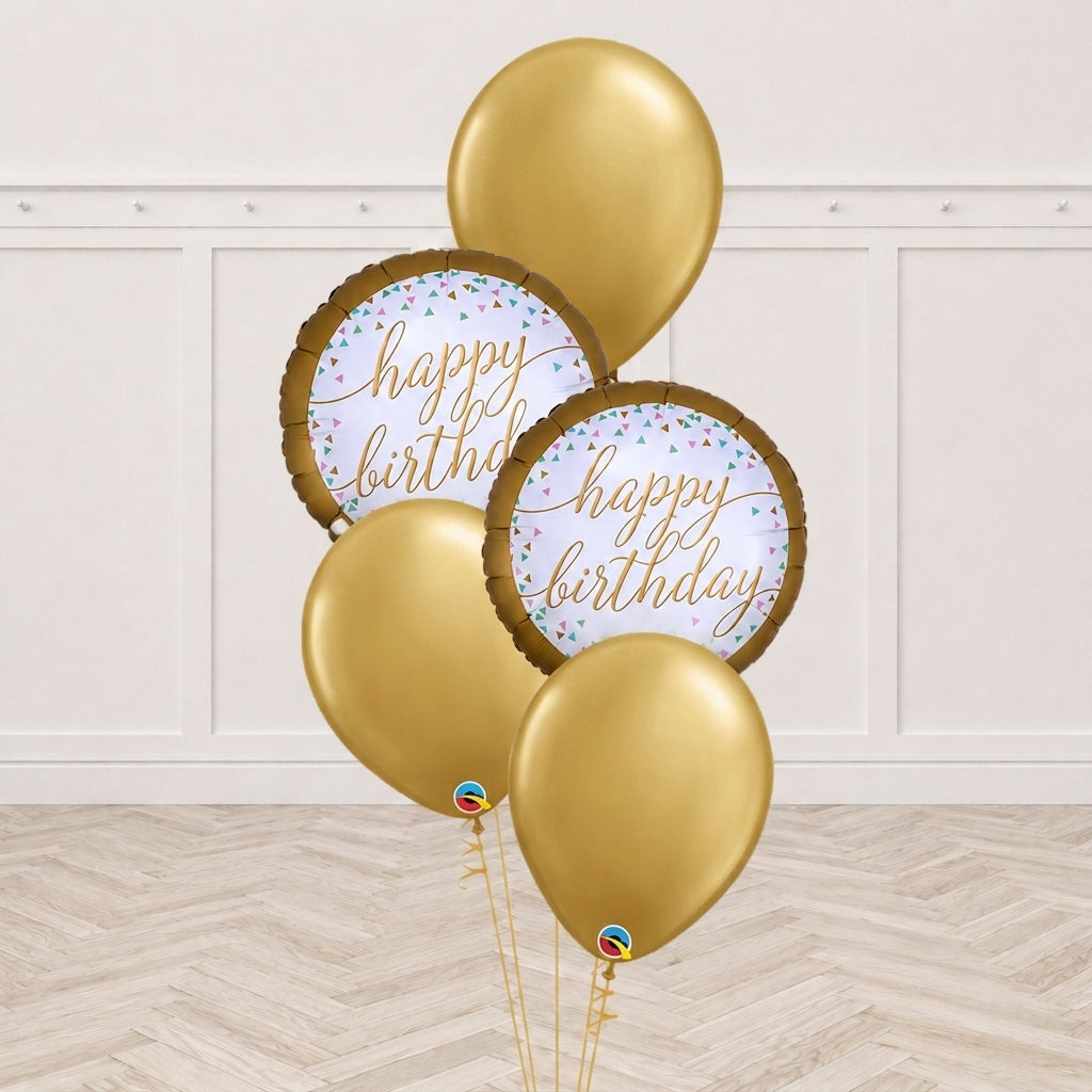 Two gold confetti-print Happy Birthday round foil balloons with gold latex balloons