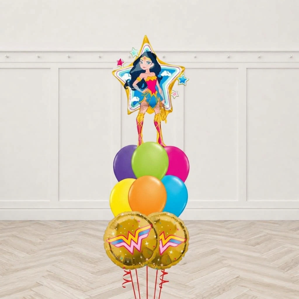 Wonder Woman star-shaped foil balloon with purple, green, magenta, yellow, orange and blue latex balloons and two gold Wonder Woman round foil balloons