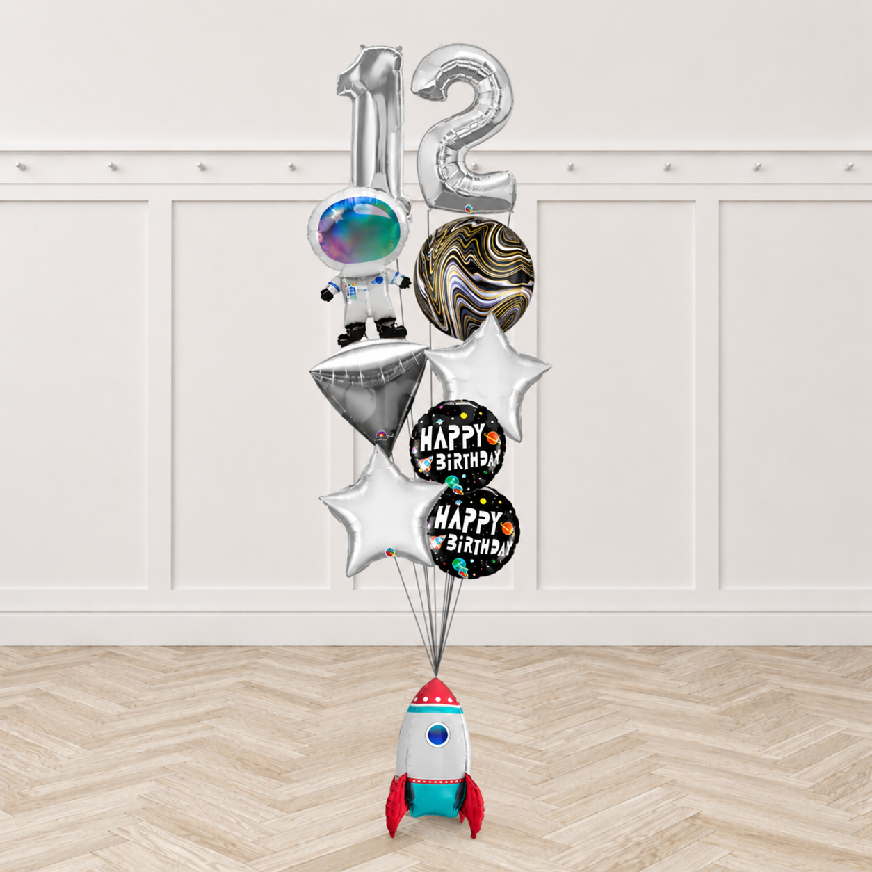 Any Two Number Astronaut Iridescent Birthday Big Balloon Bouquet with  Space Ship Foil as Weights