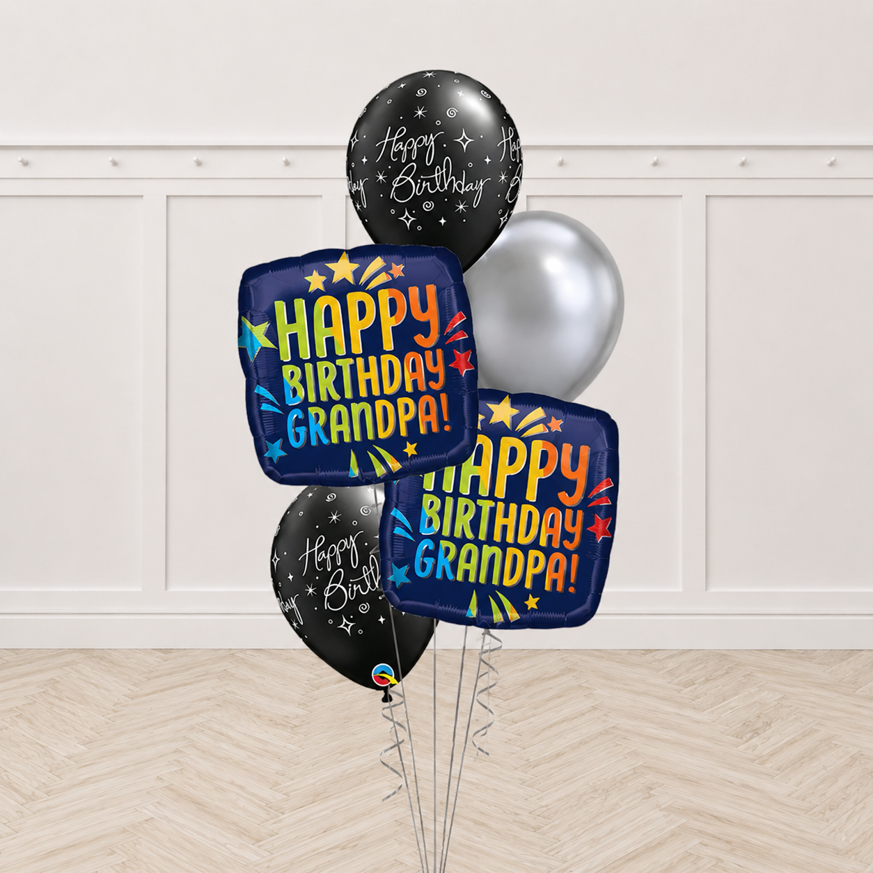 Happy Birthday Grandpa Blue Rainbow Sparkling Chrome Balloon Bouquet
