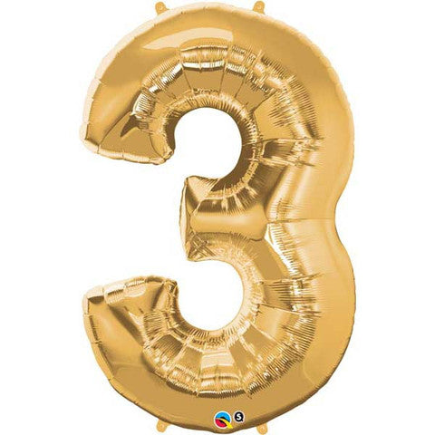 Number Three(3) Metallic Gold Helium Filled