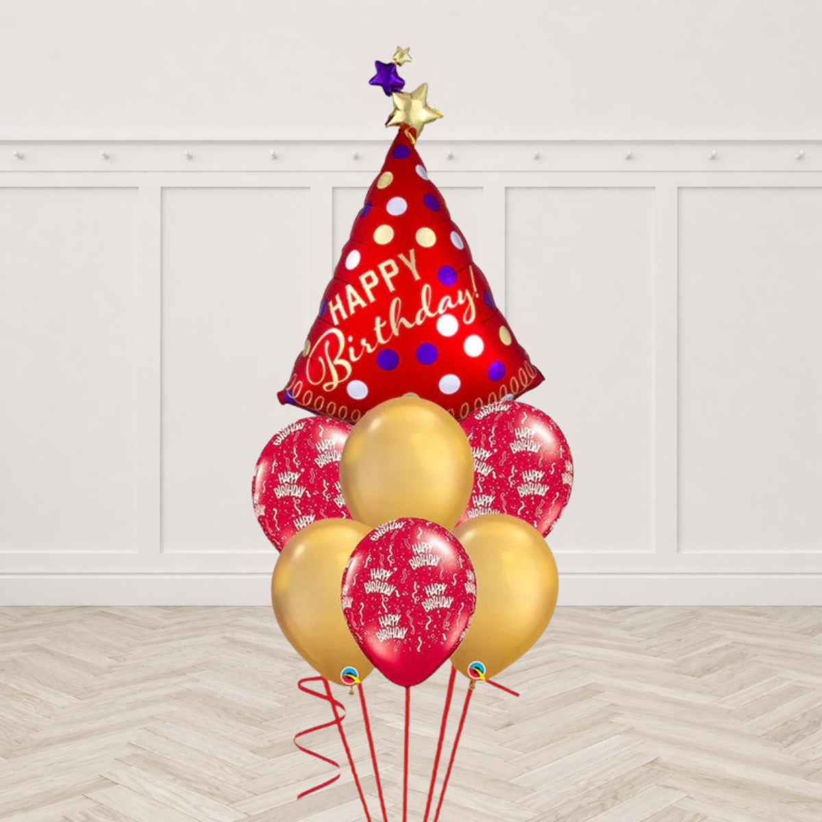 Red Party Hat Satin Chrome Bday All-A-Round Balloon Bouquet