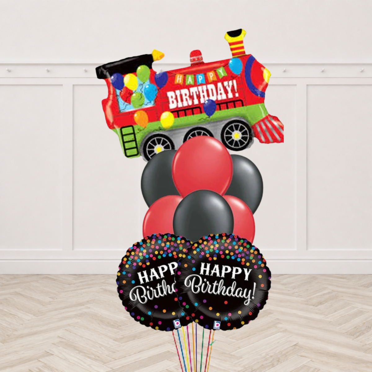 Birthday Party Train & Glittering Birthday Confetti Balloon Bouquet